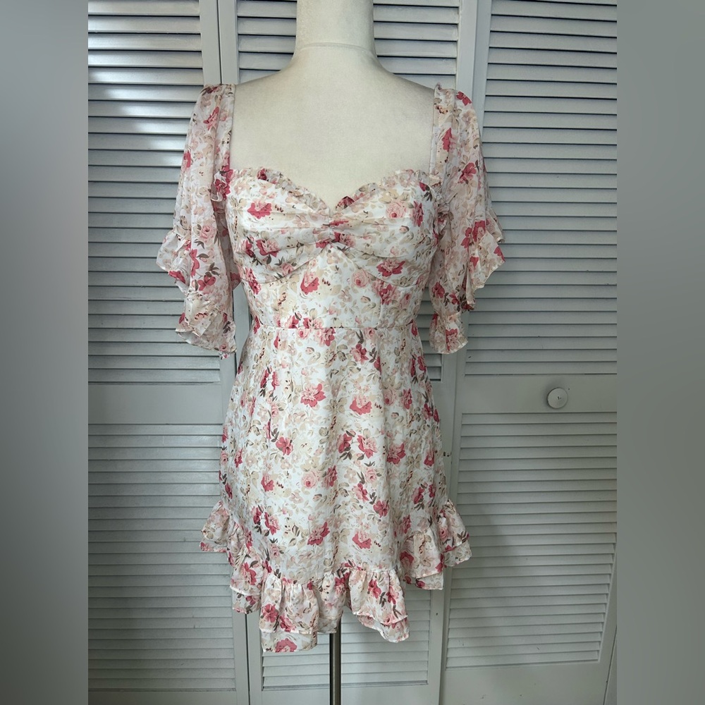 Saints + Secrets Floral Ruffle Dress with Pink and Cream Tones